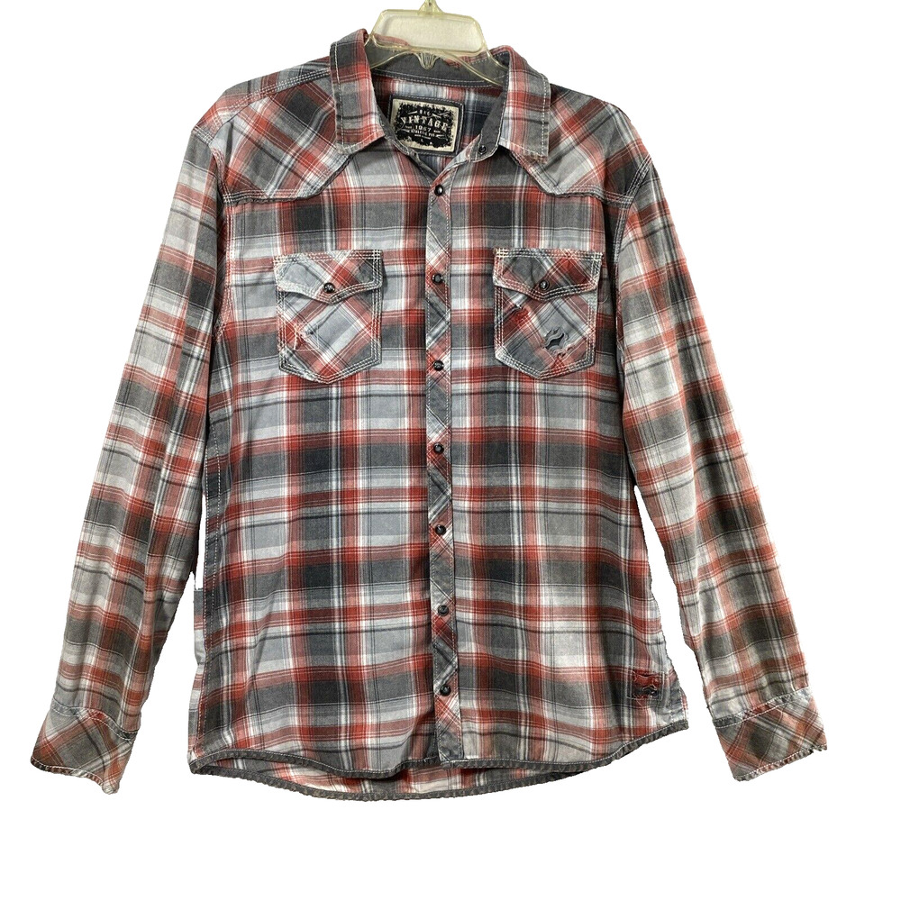 BKE Vintage Western Shirt Mens Large Distress Pearl Snap Red Gray Plaid Pockets